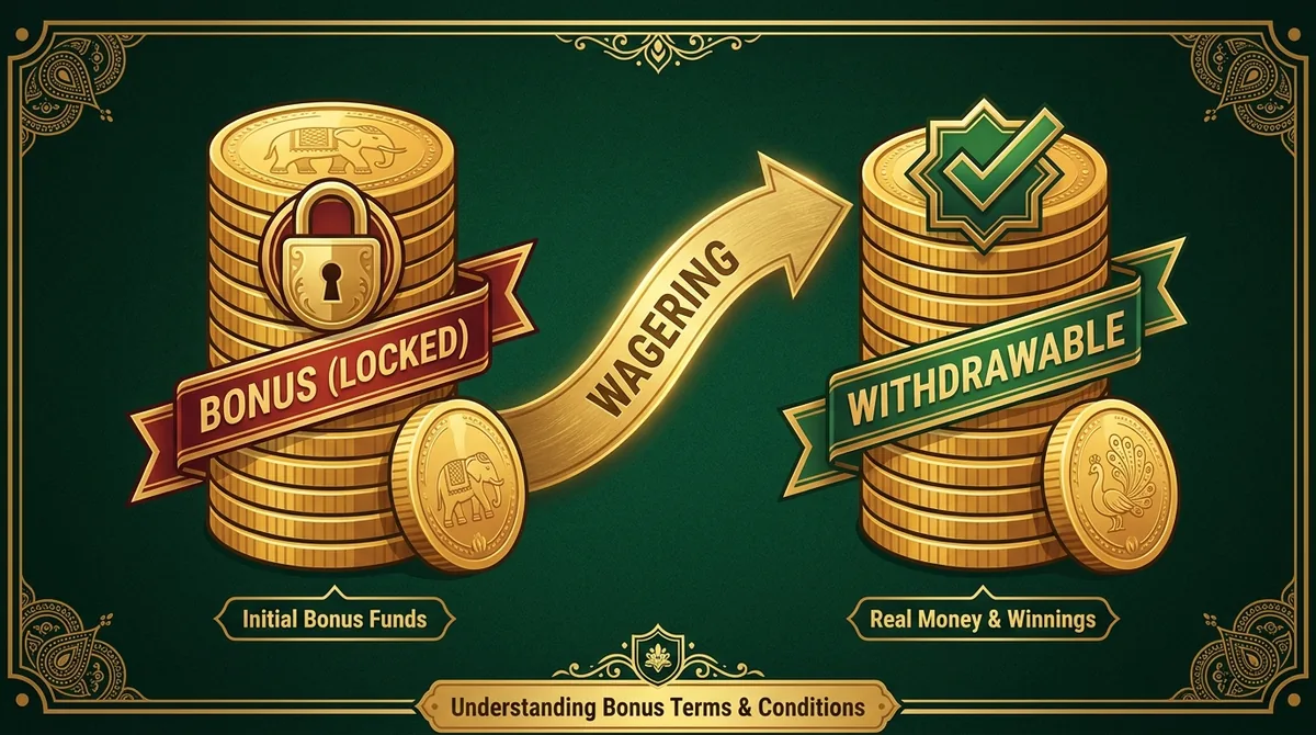Wagering conversion infographic depicting locked bonus translation into withdrawable balance.